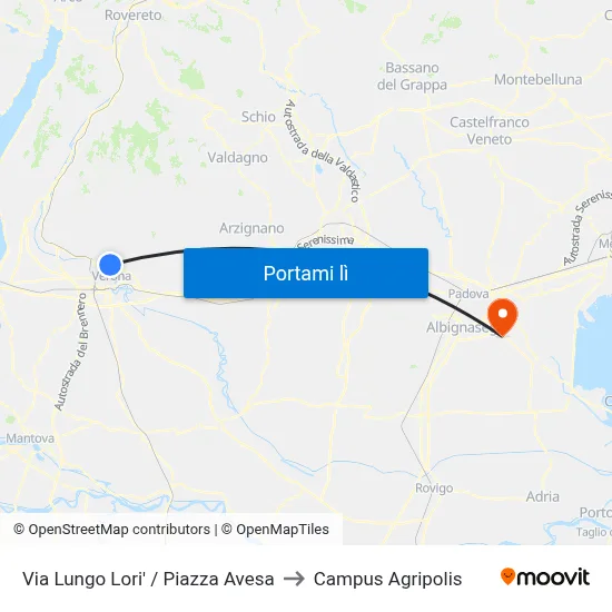 Via Lungo Lori' / Piazza Avesa to Campus Agripolis map