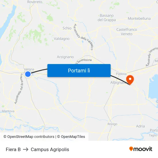 Fiera B to Campus Agripolis map