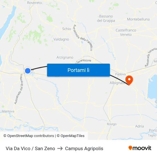 Via Da Vico / San Zeno to Campus Agripolis map