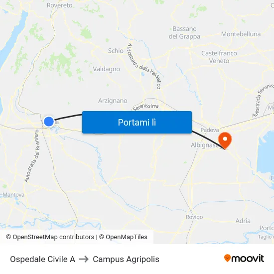 Ospedale Civile A to Campus Agripolis map