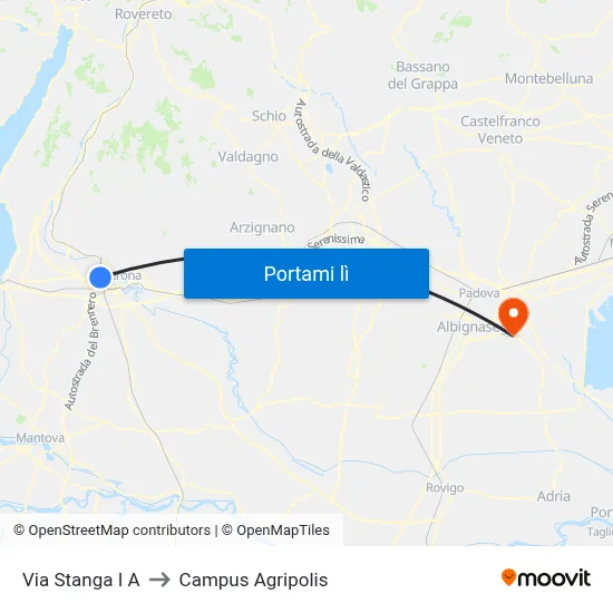 Via Stanga I A to Campus Agripolis map