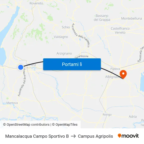 Mancalacqua Campo Sportivo B to Campus Agripolis map