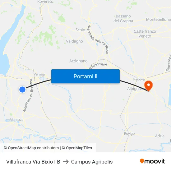 Villafranca Via Bixio I B to Campus Agripolis map