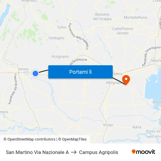 San Martino Via Nazionale A to Campus Agripolis map