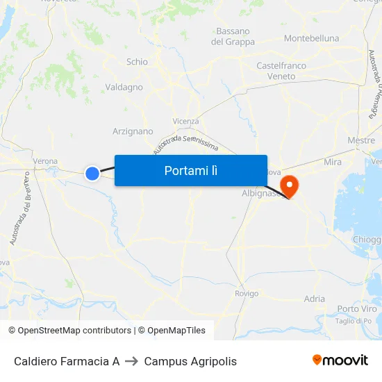 Caldiero Farmacia A to Campus Agripolis map