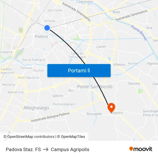 Padova Staz. FS to Campus Agripolis map