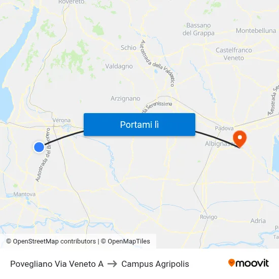 Povegliano Via Veneto A to Campus Agripolis map