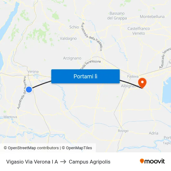 Vigasio Via Verona I A to Campus Agripolis map