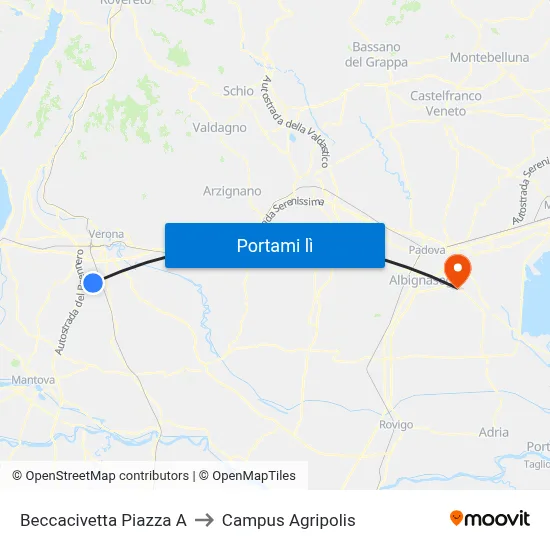 Beccacivetta Piazza A to Campus Agripolis map