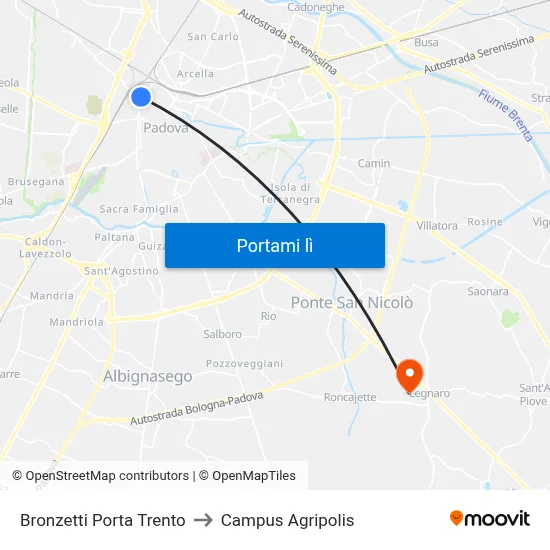 Bronzetti Porta Trento to Campus Agripolis map