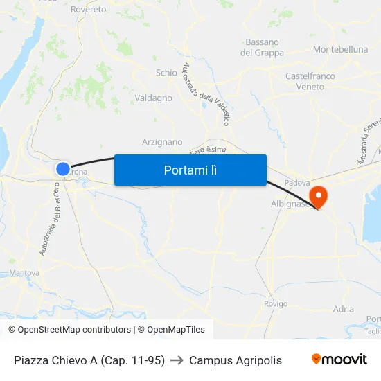 Piazza Chievo A (Cap. 11-95) to Campus Agripolis map