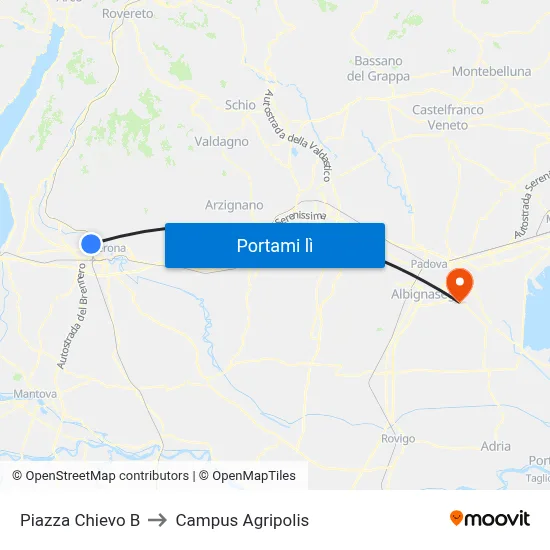 Piazza Chievo B to Campus Agripolis map