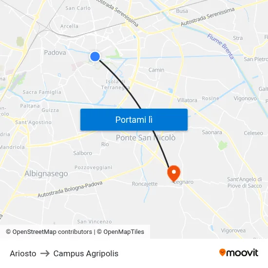 Ariosto to Campus Agripolis map