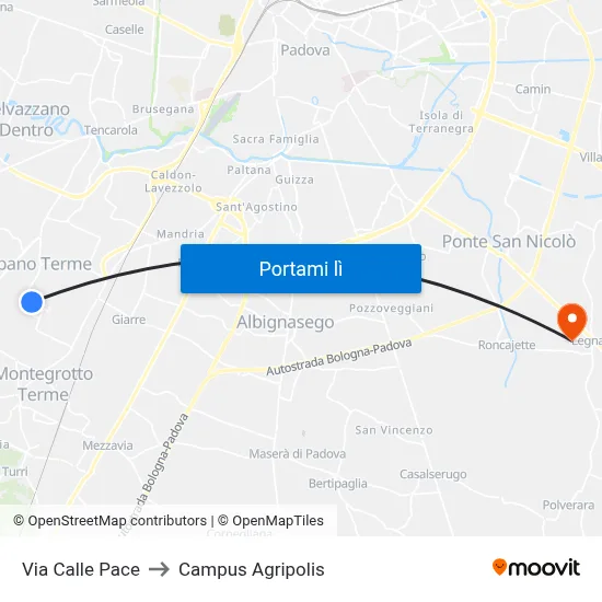 Via Calle Pace to Campus Agripolis map