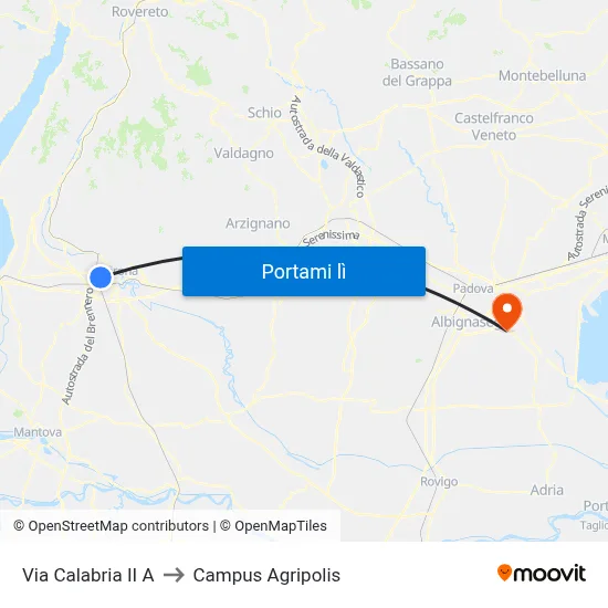 Via Calabria II A to Campus Agripolis map