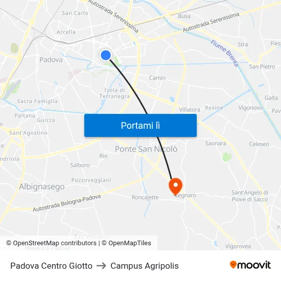 Padova Centro Giotto to Campus Agripolis map