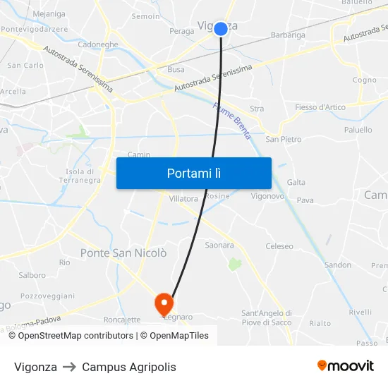 Vigonza to Campus Agripolis map