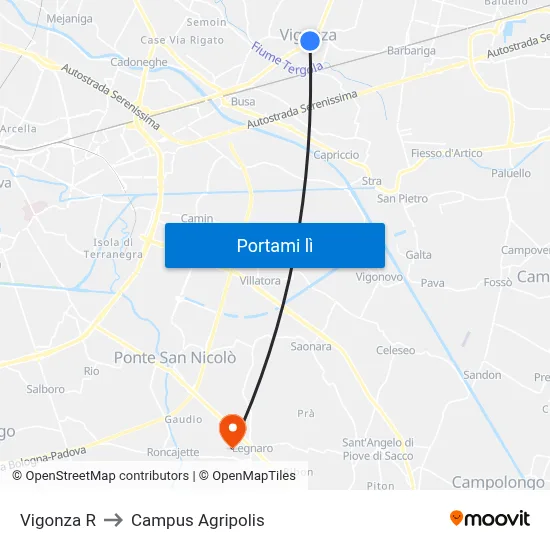 Vigonza R to Campus Agripolis map