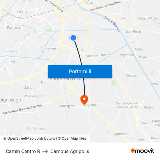 Camin Centro R to Campus Agripolis map