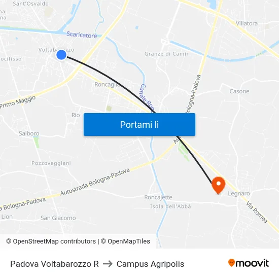 Padova Voltabarozzo R to Campus Agripolis map