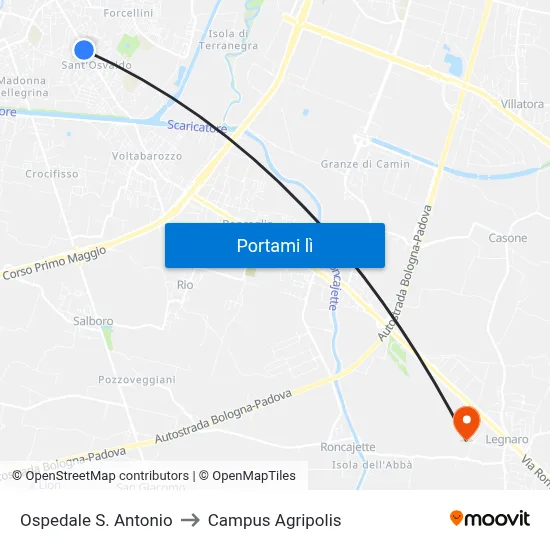 Ospedale S. Antonio to Campus Agripolis map