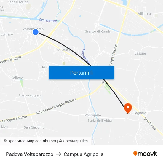 Padova Voltabarozzo to Campus Agripolis map