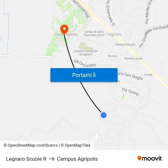 Legnaro Scuole R to Campus Agripolis map