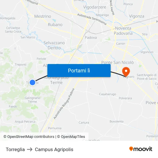 Torreglia to Campus Agripolis map