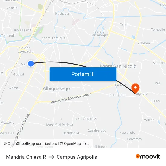 Mandria Chiesa R to Campus Agripolis map
