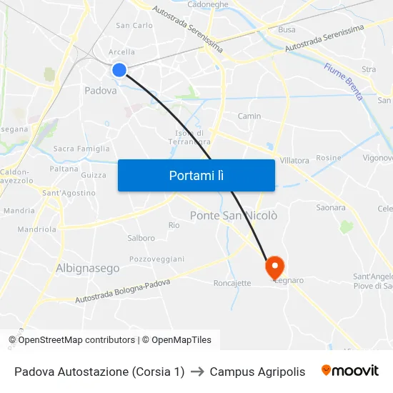 Padova Autostazione (Corsia 1) to Campus Agripolis map