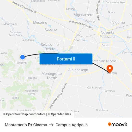 Montemerlo Ex Cinema to Campus Agripolis map