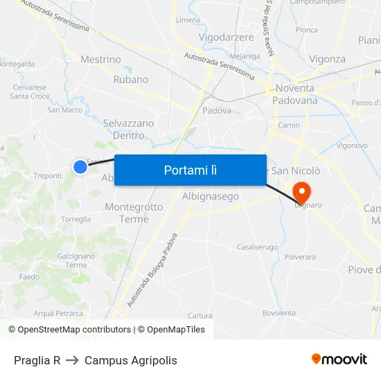Praglia R to Campus Agripolis map