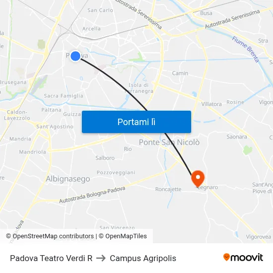 Padova Teatro Verdi R to Campus Agripolis map