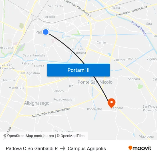Padova C.So Garibaldi R to Campus Agripolis map