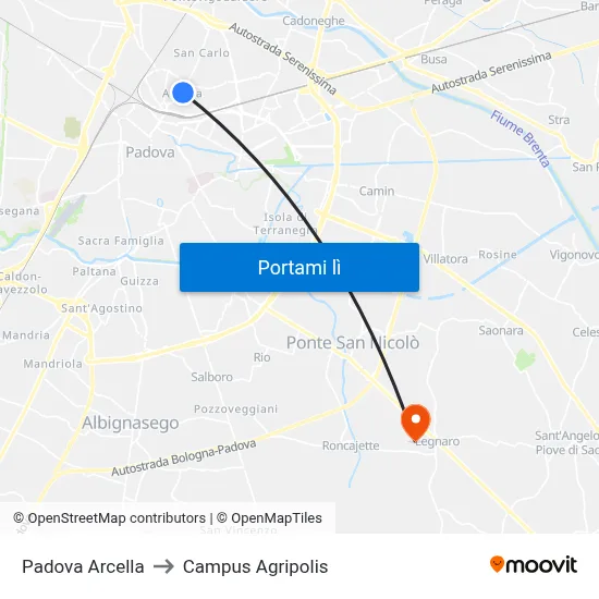 Padova Arcella to Campus Agripolis map
