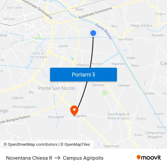 Noventana Chiesa R to Campus Agripolis map