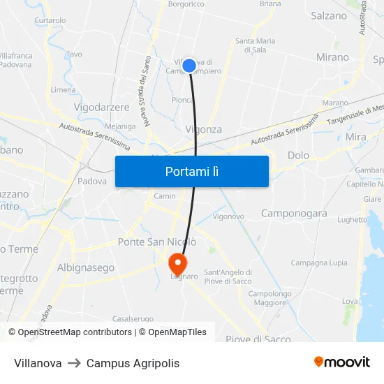 Villanova to Campus Agripolis map