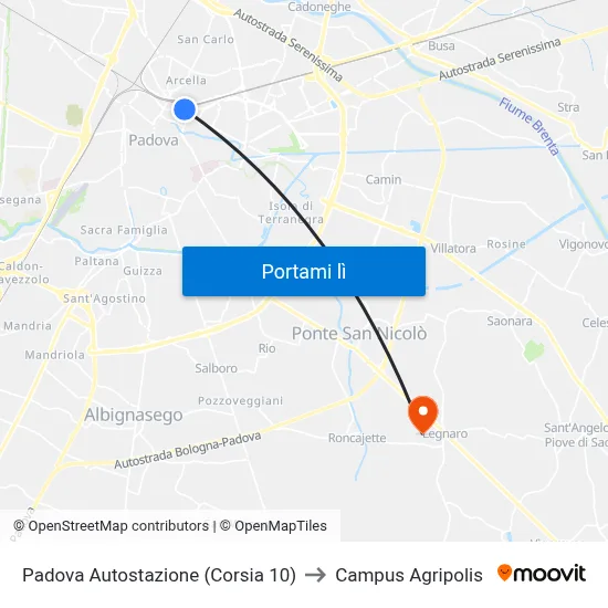 Padova Autostazione (Corsia 10) to Campus Agripolis map