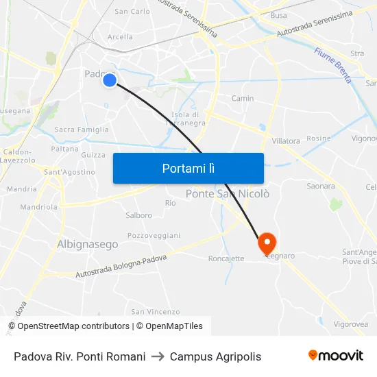 Padova Riv. Ponti Romani to Campus Agripolis map