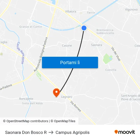 Saonara Don Bosco R to Campus Agripolis map