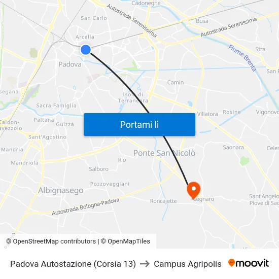 Padova Autostazione (Corsia 13) to Campus Agripolis map