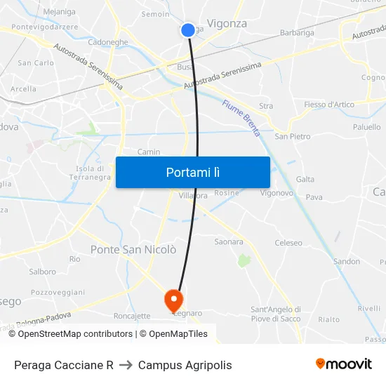 Peraga Cacciane R to Campus Agripolis map
