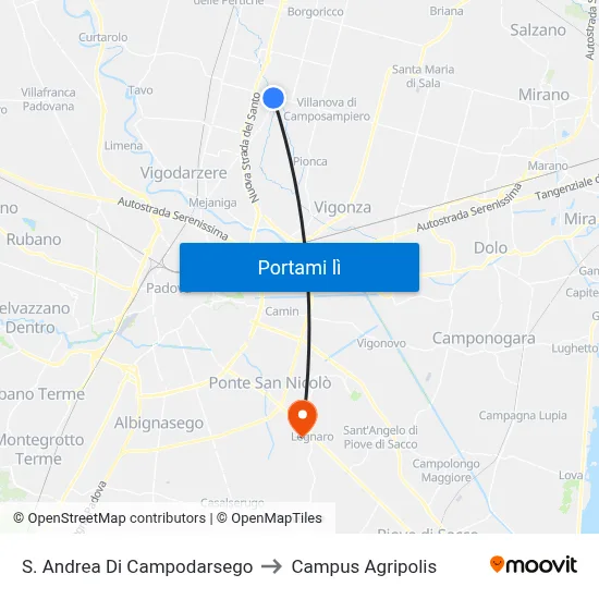 S. Andrea Di Campodarsego to Campus Agripolis map