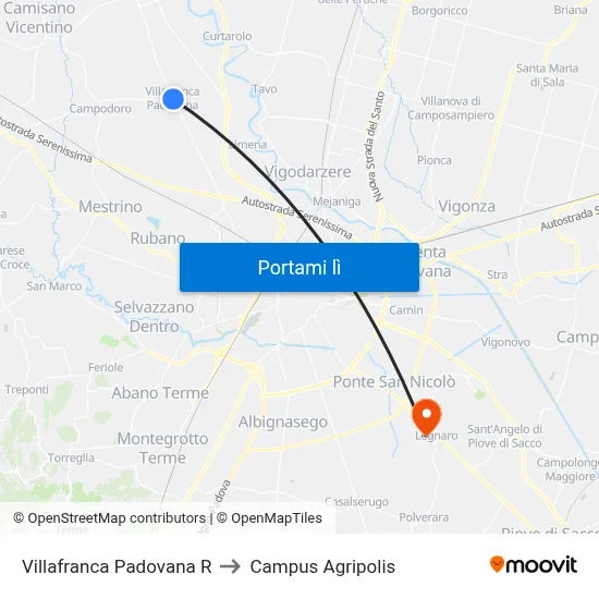 Villafranca Padovana R to Campus Agripolis map