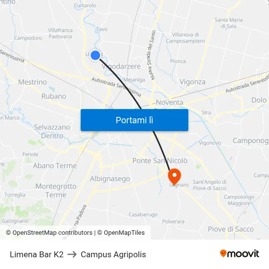 Limena Bar K2 to Campus Agripolis map