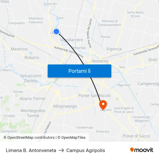 Limena B. Antonveneta to Campus Agripolis map