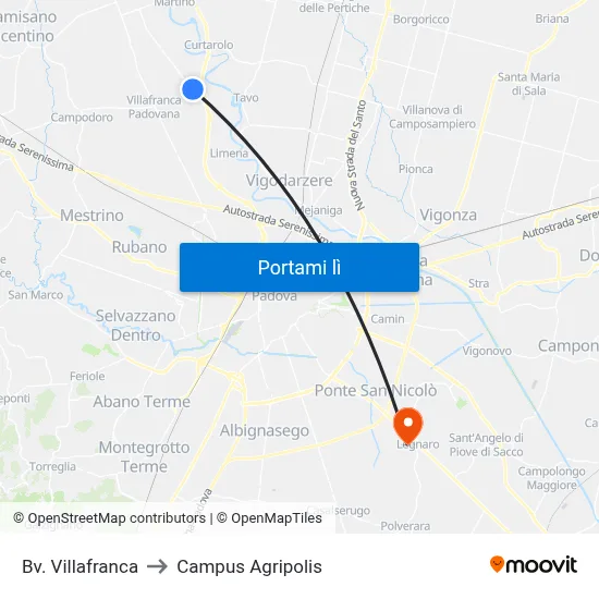 Bv. Villafranca to Campus Agripolis map