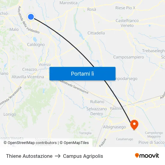 Thiene Autostazione to Campus Agripolis map
