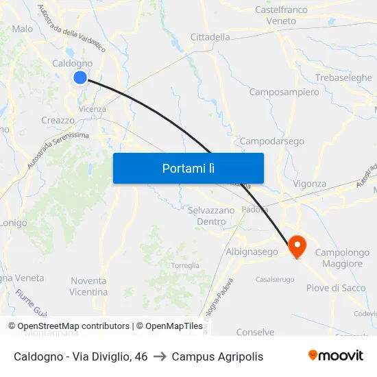 Caldogno - Via Diviglio, 46 to Campus Agripolis map