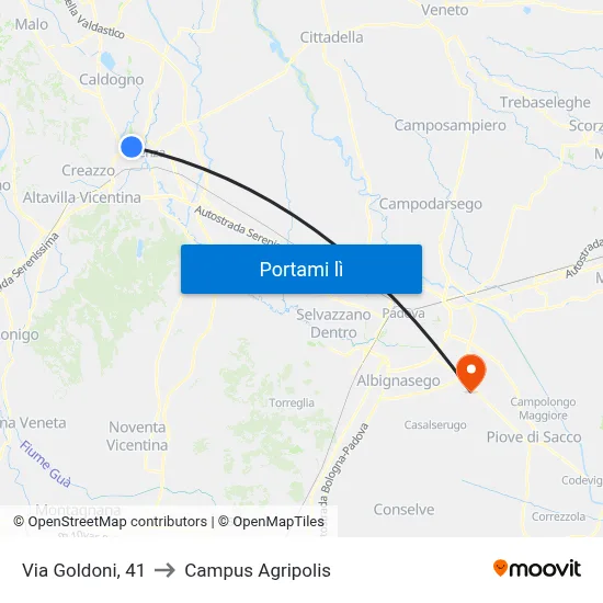 Via Goldoni, 41 to Campus Agripolis map
